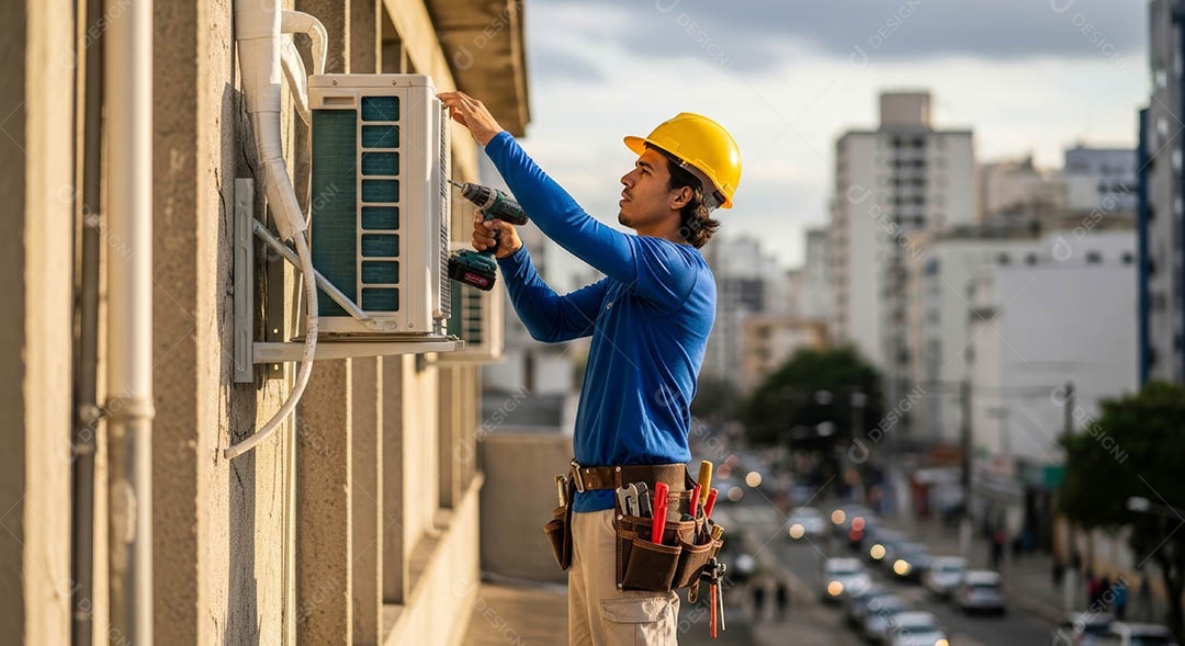 Técnico fezendo uma manutenção em uma unidade de ar-condicionado.