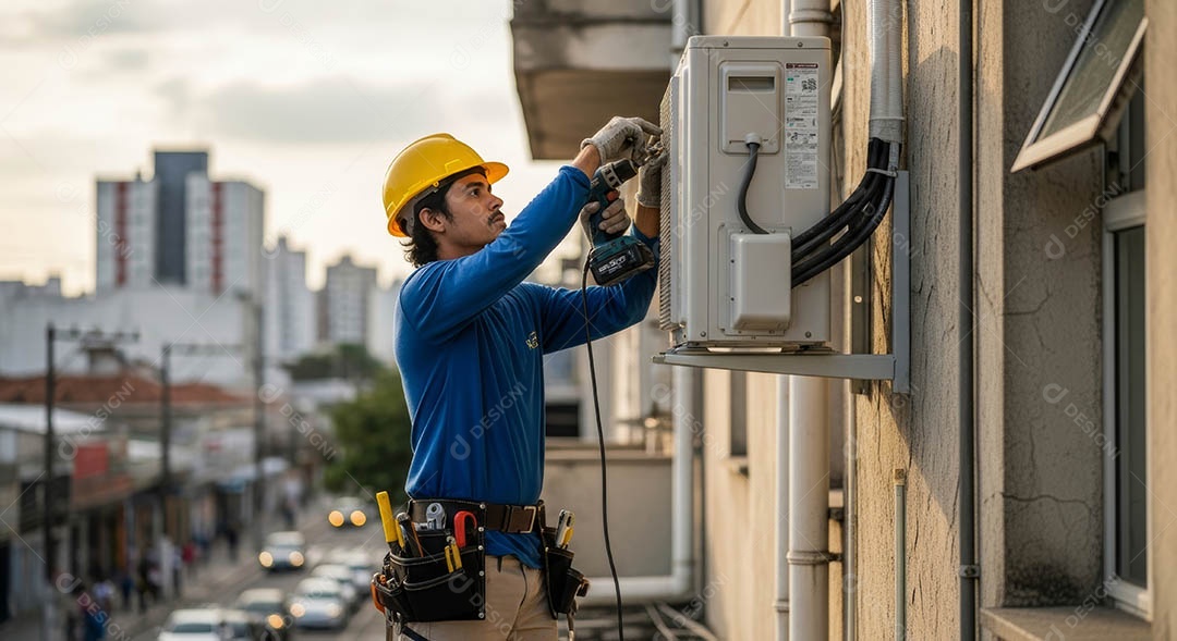 Técnico fezendo uma manutenção em uma unidade de ar-condicionado.