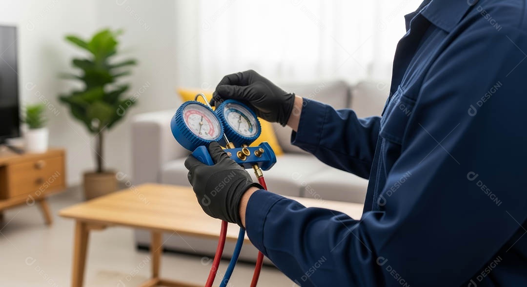Técnico fezendo uma manutenção em uma unidade de ar-condicionado.