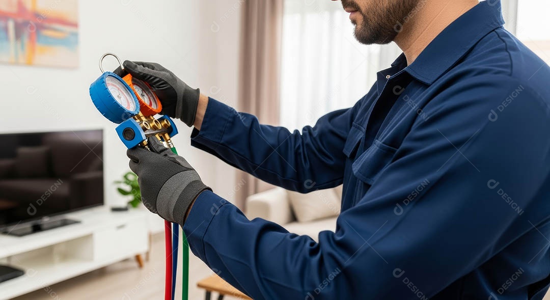 Técnico fezendo uma manutenção em uma unidade de ar-condicionado.