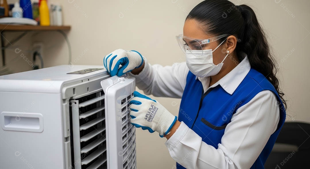 Técnica fezendo uma manutenção em uma unidade de ar-condicionado.