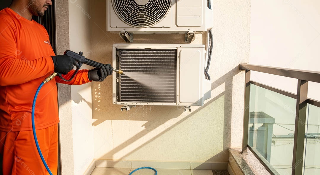 Técnico fezendo uma manutenção em uma unidade de ar-condicionado.