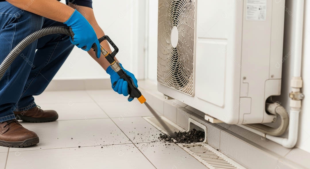 Técnico fezendo uma manutenção em uma unidade de ar-condicionado.