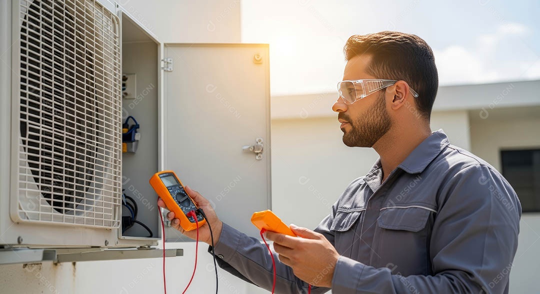 Técnico fezendo uma manutenção em uma unidade de ar-condicionado.
