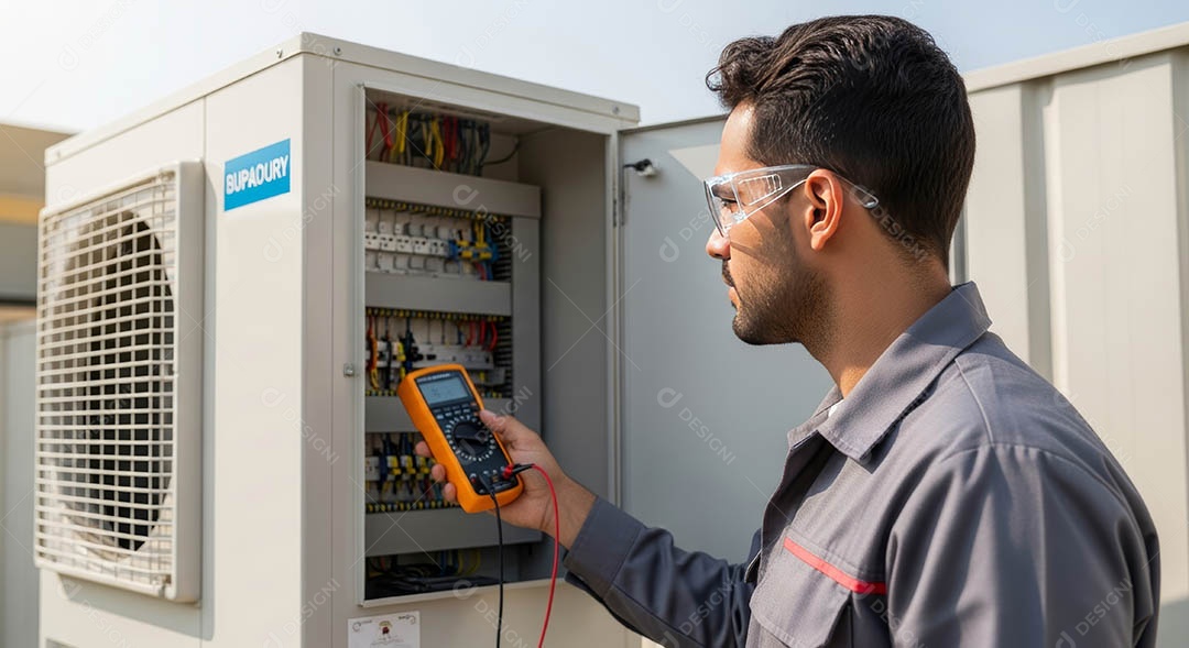 Técnico fezendo uma manutenção em uma unidade de ar-condicionado.