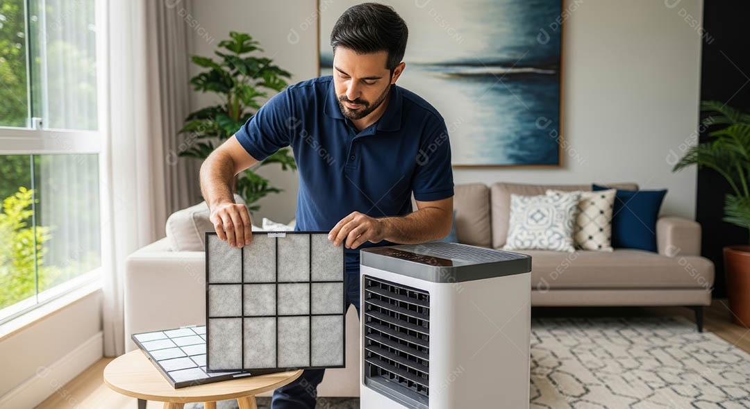 Técnico fezendo uma manutenção em uma unidade de ar-condicionado.