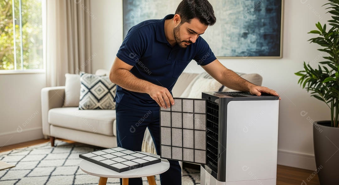 Técnico fezendo uma manutenção em uma unidade de ar-condicionado.