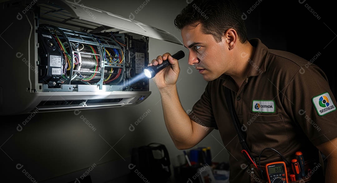 Técnico fezendo uma manutenção em uma unidade de ar-condicionado.
