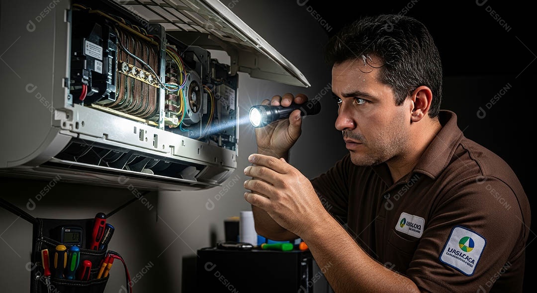 Técnico fezendo uma manutenção em uma unidade de ar-condicionado.