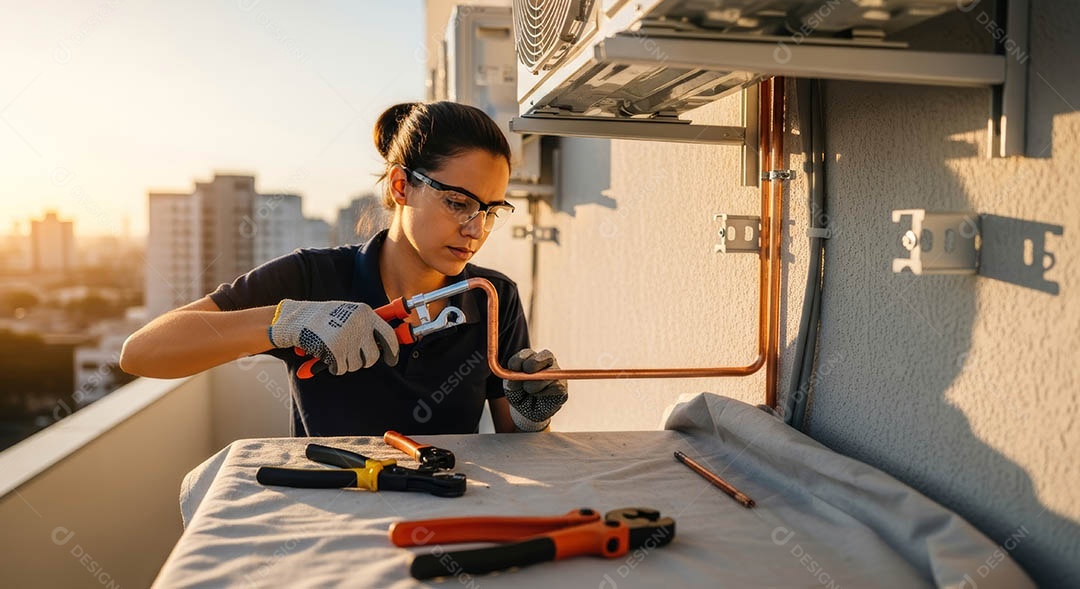 Técnica fezendo uma manutenção em uma unidade de ar-condicionado.