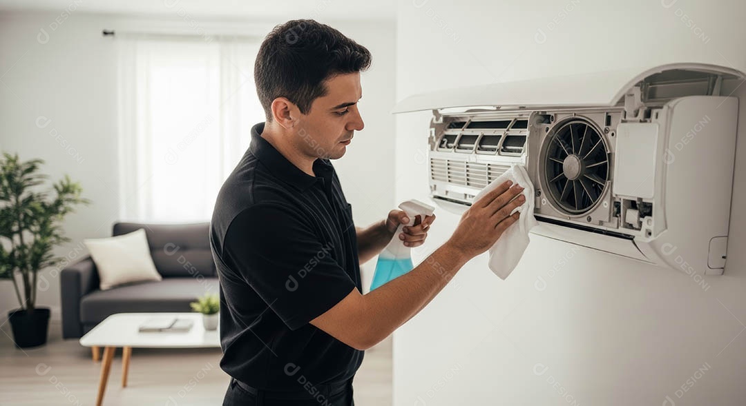 Técnico fezendo uma manutenção em uma unidade de ar-condicionado.
