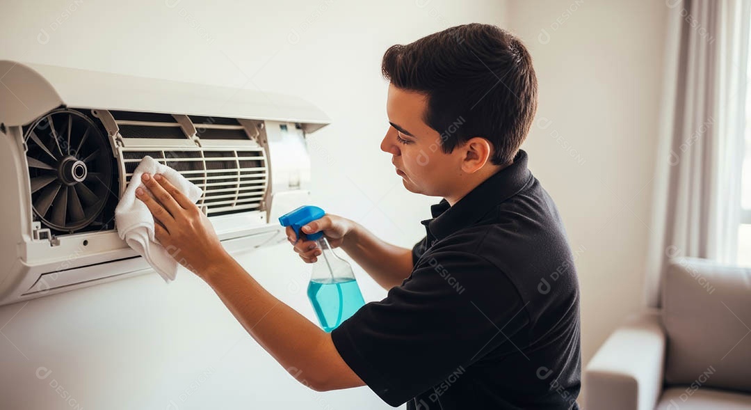 Técnico fezendo uma manutenção em uma unidade de ar-condicionado.