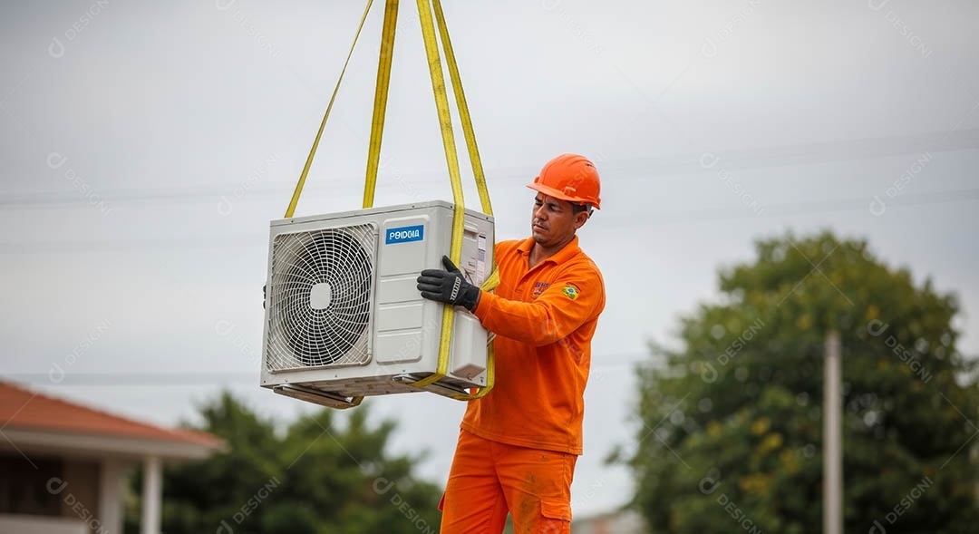 Técnico instalando uma unidade de ar-condicionado.