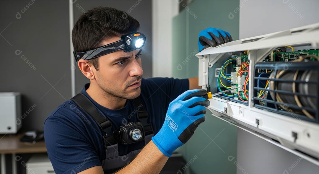Técnico fezendo uma manutenção em uma unidade de ar-condicionado.