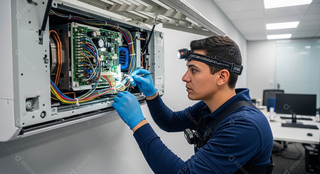 Técnico fezendo uma manutenção em uma unidade de ar-condicionado.