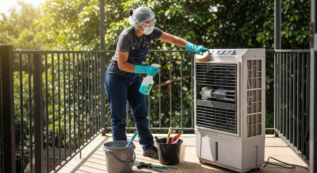 Técnica fezendo uma manutenção em uma unidade de ar-condicionado.