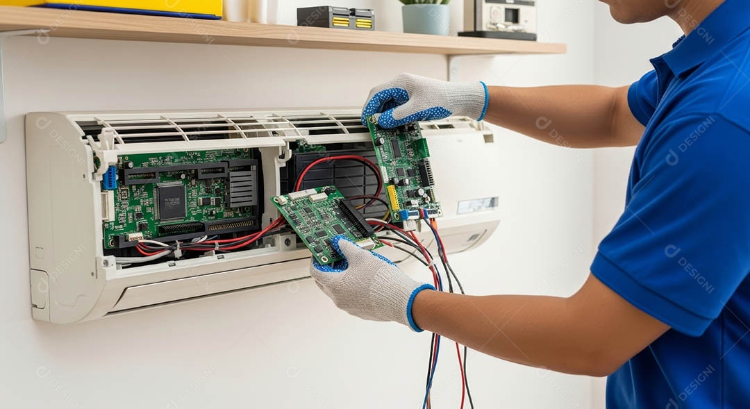 Técnico fezendo uma manutenção em uma unidade de ar-condicionado.