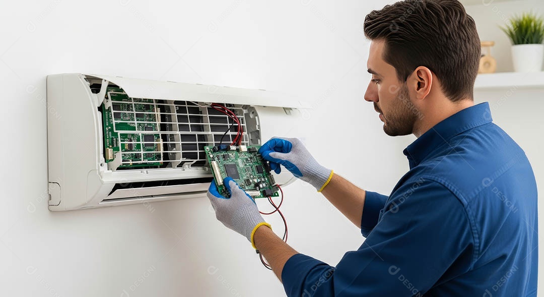 Técnico fezendo uma manutenção em uma unidade de ar-condicionado.
