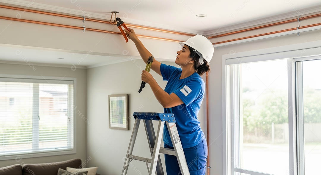 Técnica fezendo uma manutenção em uma unidade de ar-condicionado.