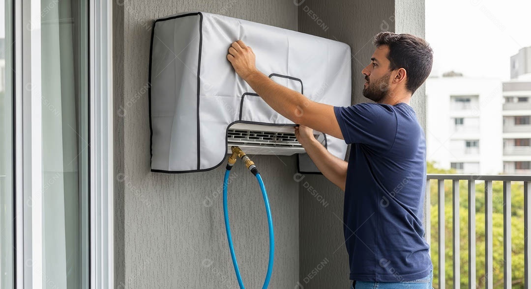 Técnico fezendo uma manutenção em uma unidade de ar-condicionado.