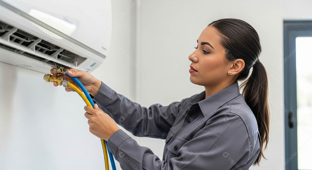 Técnica fezendo uma manutenção em uma unidade de ar-condicionado.