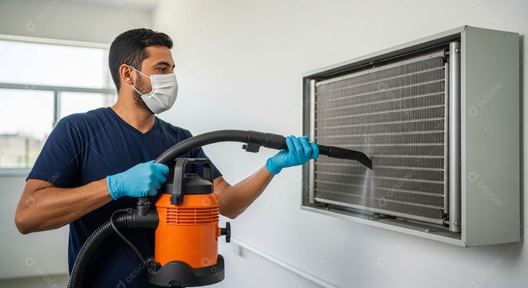 Técnico fezendo uma manutenção em uma unidade de ar-condicionado.