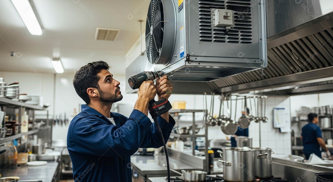 Técnico fezendo uma manutenção em uma unidade de ar-condicionado.