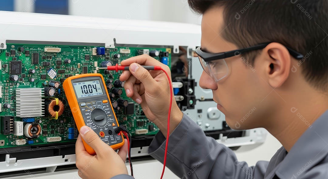 Técnico fezendo uma manutenção em uma unidade de ar-condicionado.