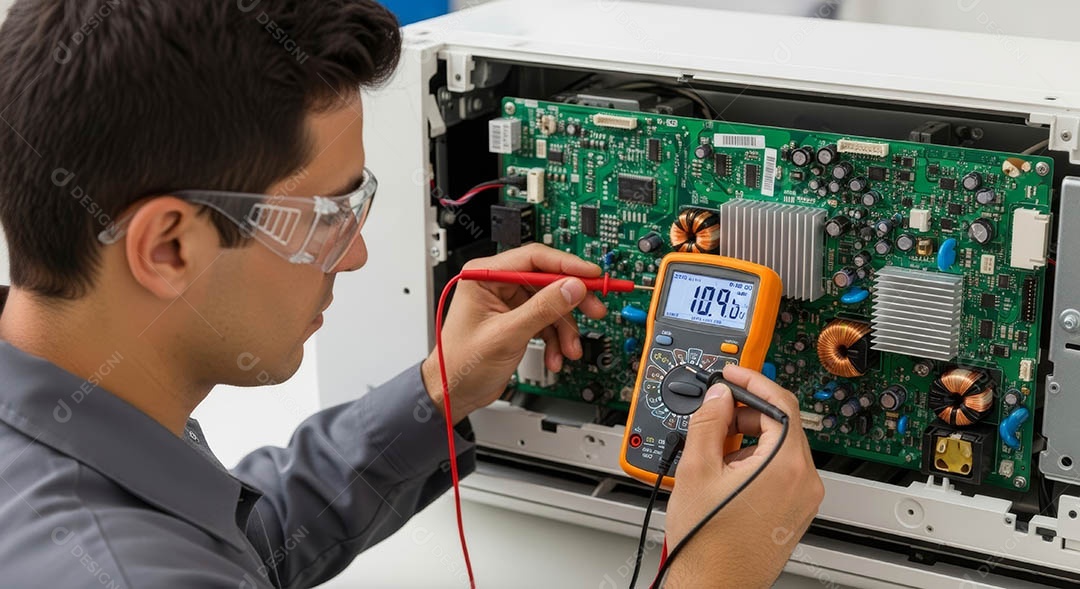 Técnico fezendo uma manutenção em uma unidade de ar-condicionado.