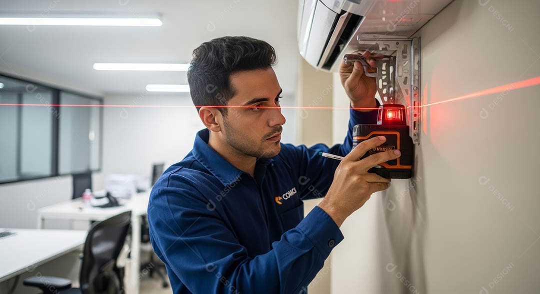 Técnico fezendo uma manutenção em uma unidade de ar-condicionado.