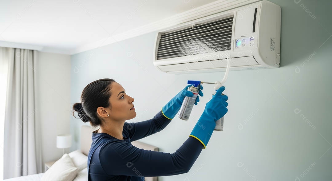 Técnica fezendo uma manutenção em uma unidade de ar-condicionado.