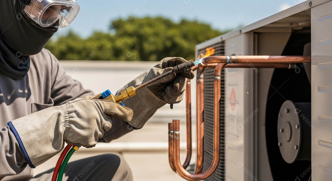 Técnico fezendo uma manutenção em uma unidade de ar-condicionado.