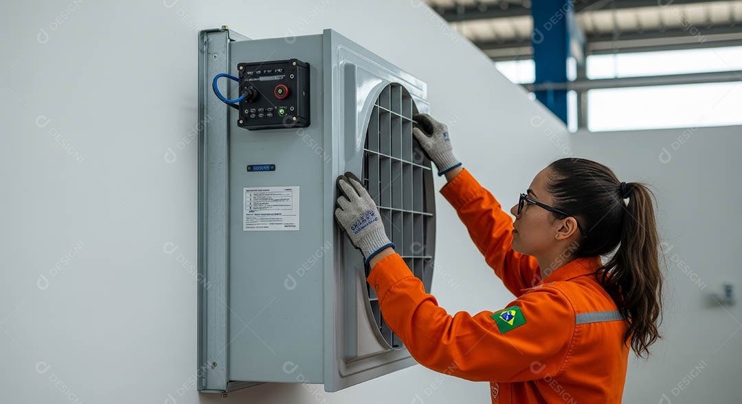 Técnica fezendo uma manutenção em uma unidade de ar-condicionado.