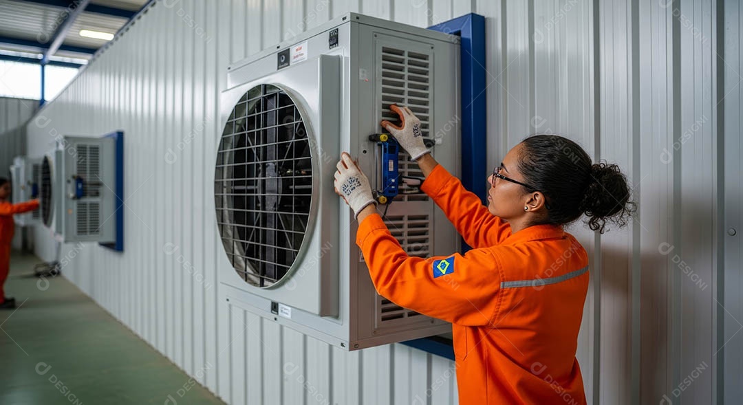 Técnica fezendo uma manutenção em uma unidade de ar-condicionado.