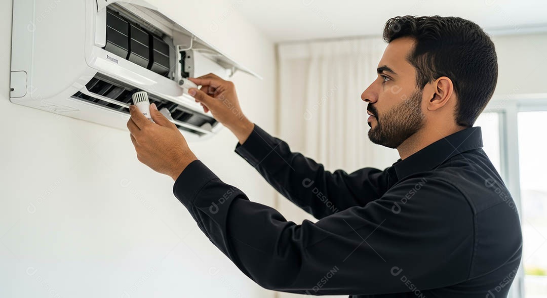 Técnico fezendo uma manutenção em uma unidade de ar-condicionado.