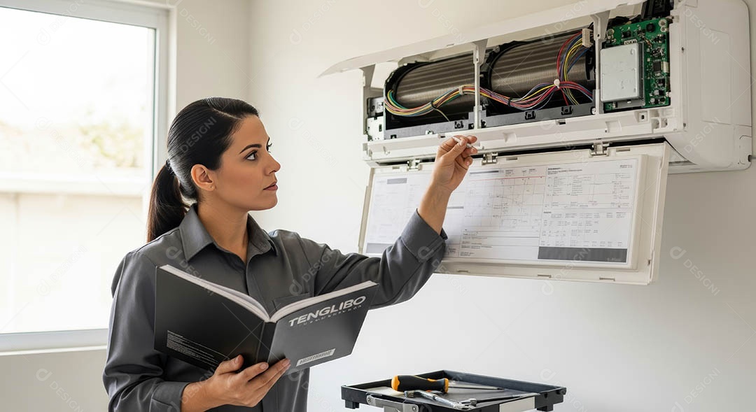 Técnica fezendo uma manutenção em uma unidade de ar-condicionado.