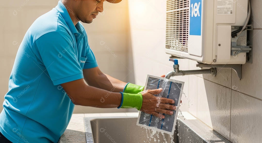 Técnico fezendo uma manutenção em uma unidade de ar-condicionado.