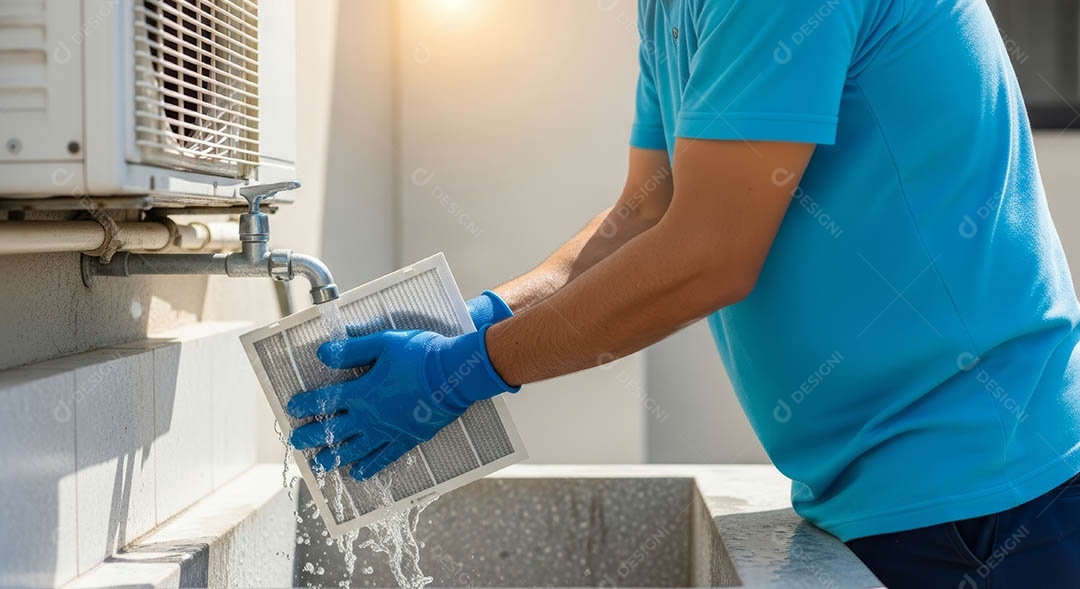 Técnico fezendo uma manutenção em uma unidade de ar-condicionado.