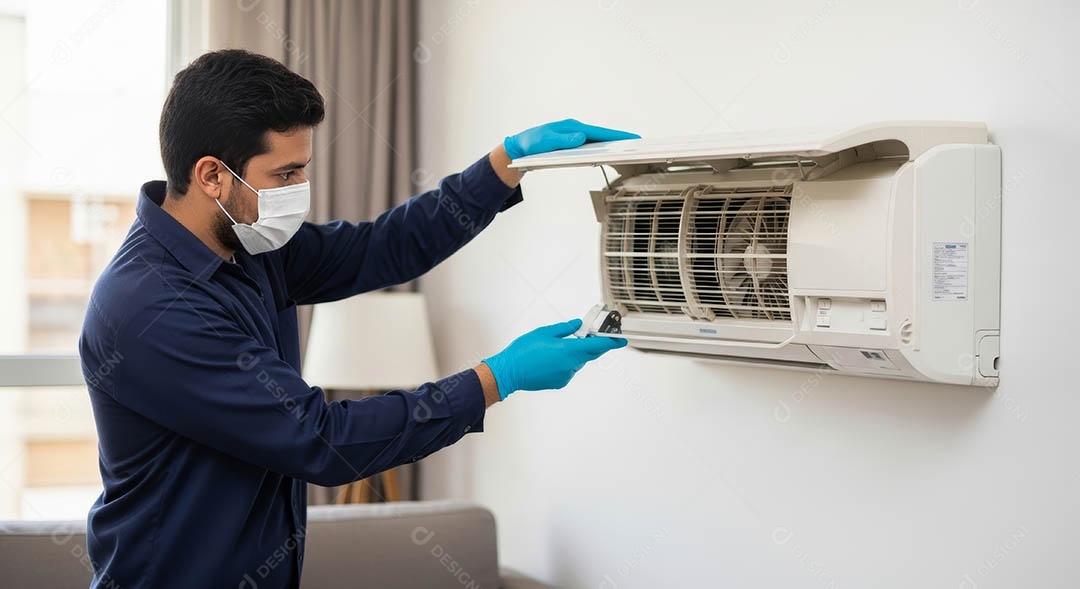 Técnico instalando uma unidade de ar-condicionado.