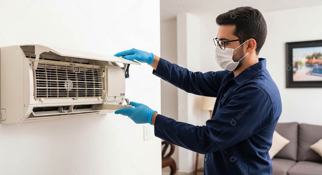 Técnico instalando uma unidade de ar-condicionado.