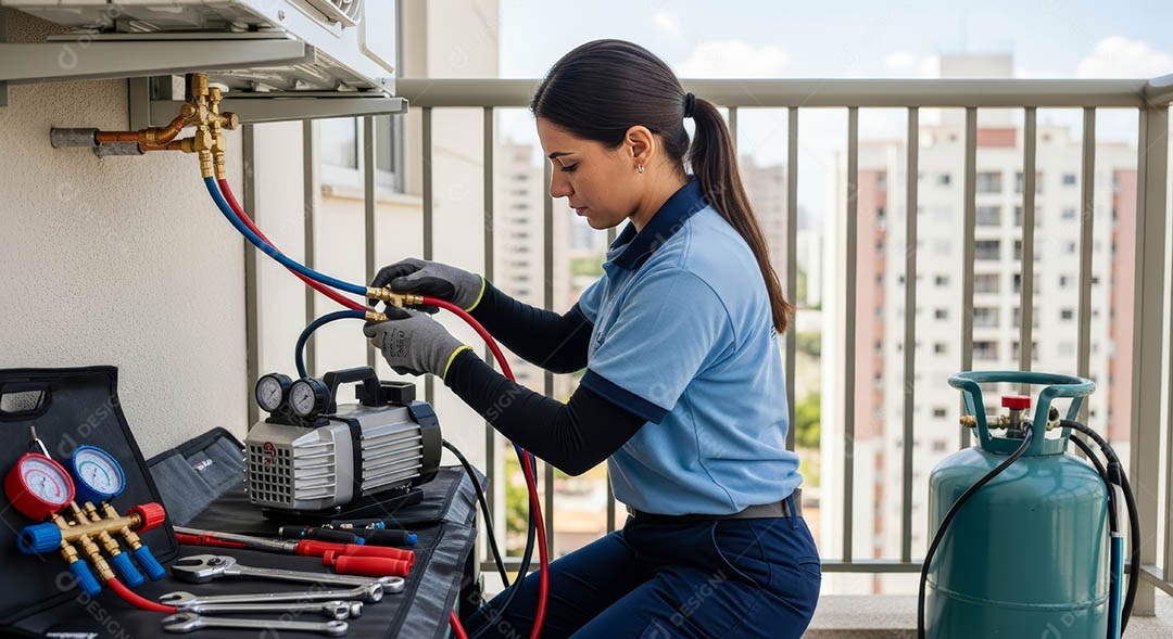 Técnica instalando uma unidade de ar-condicionado.