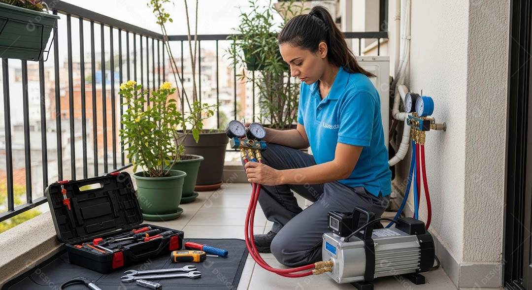Técnica instalando uma unidade de ar-condicionado.