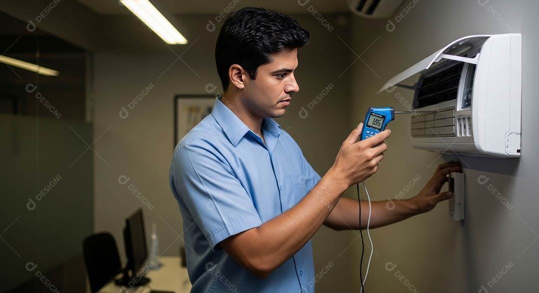 Técnico instalando uma unidade de ar-condicionado.