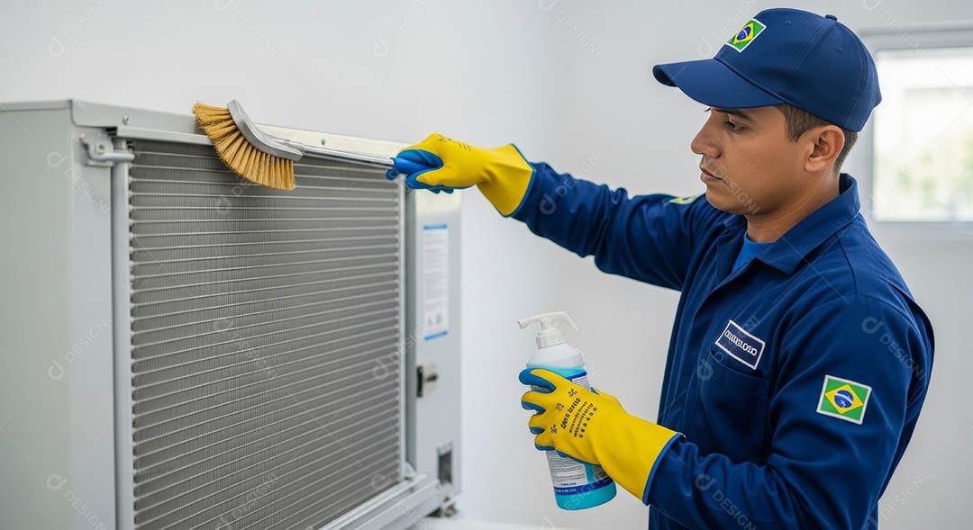 Técnico instalando uma unidade de ar-condicionado.