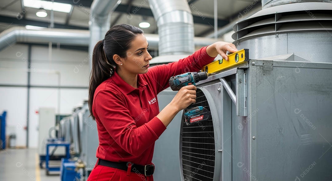 Técnica instalando uma unidade de ar-condicionado.
