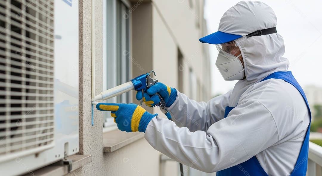 Técnico instalando uma unidade de ar-condicionado.