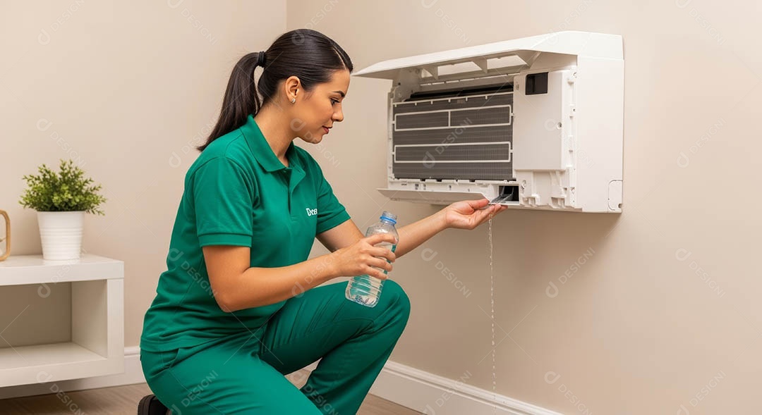 Técnico instalando uma unidade de ar-condicionado.