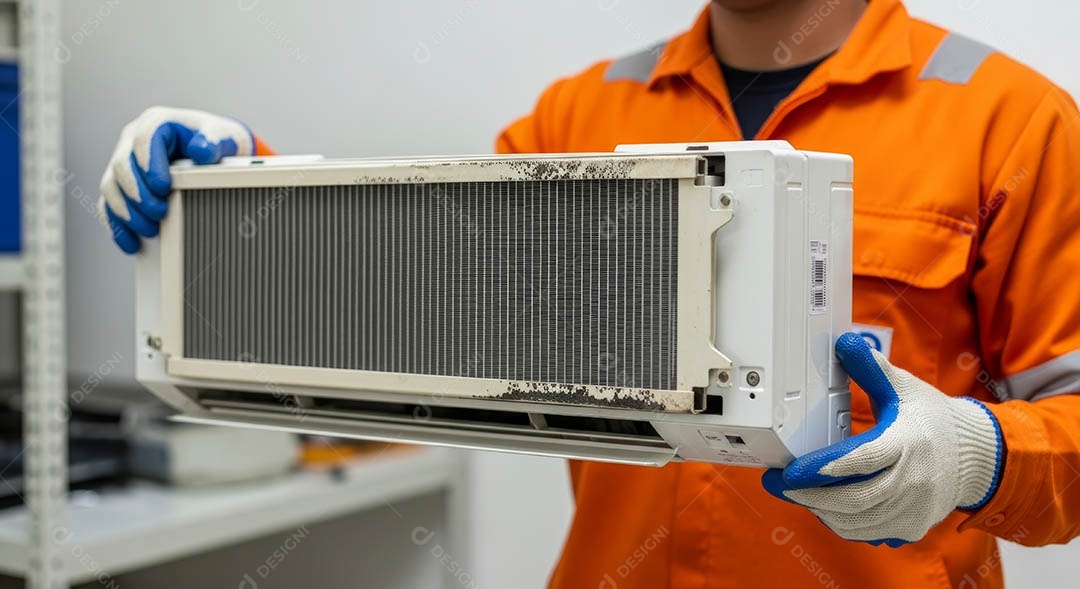 Técnico instalando uma unidade de ar-condicionado.