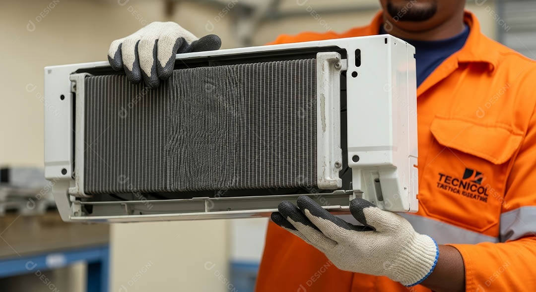 Técnico instalando uma unidade de ar-condicionado.