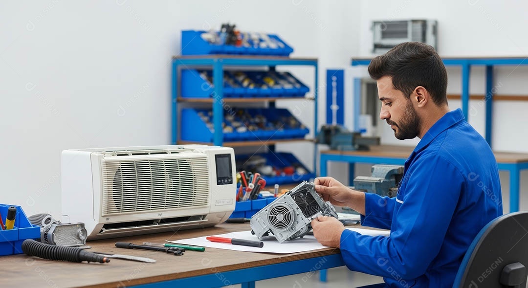 Técnico instalando uma unidade de ar-condicionado.